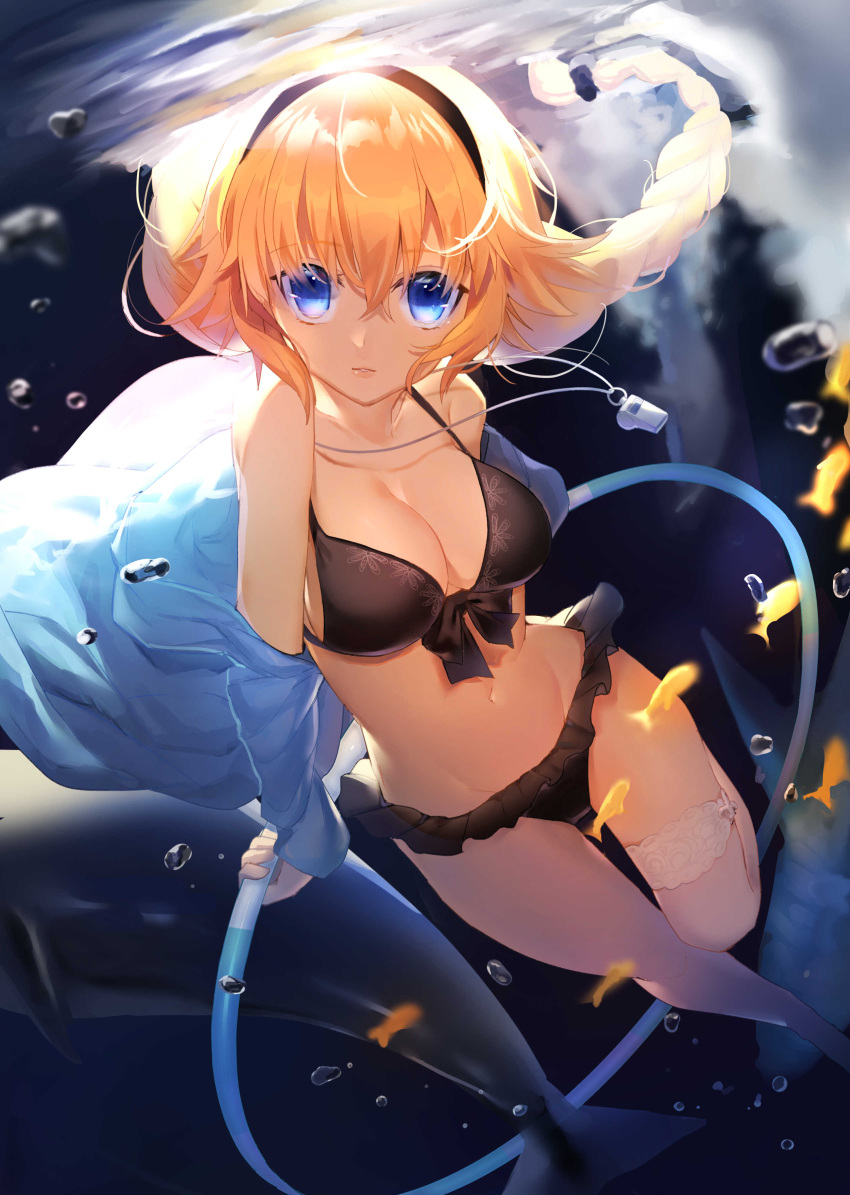 1girl absurdres air_bubble bangs bare_shoulders barefoot bikini black_bikini black_hairband blonde_hair blue_eyes blue_hoodie blush braid breasts bubble chashiba cleavage collarbone day dutch_angle eyebrows_visible_through_hair fate/grand_order fate_(series) fish floating_hair freediving front-tie_bikini front-tie_top groin hair_between_eyes hairband highres holding holding_breath hood hood_down hooded_jacket hoodie hoop hula_hoop jacket jeanne_d'arc_(fate)_(all) jeanne_d'arc_(swimsuit_archer) large_breasts leg_garter light_smile long_hair long_sleeves looking_at_viewer medium_breasts midriff navel open_clothes open_jacket outdoors parted_lips solo stomach submerged swimsuit underwater very_long_hair water whistle whistle_around_neck