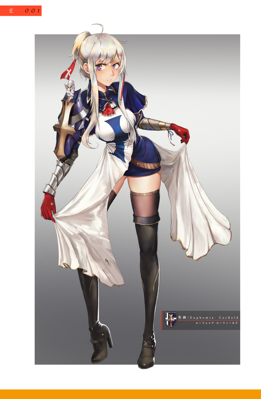 1girl ahoge armor armored_dress ascot blue_dress boots breasts collared_dress contrapposto cross dress gloves gradient gradient_background grey_background grey_hair hair_bun high_heel_boots high_heels highres large_breasts long_legs looking_at_viewer murasaki_saki original parted_lips red_gloves red_neckwear short_dress short_hair_with_long_locks shoulder_armor skindentation solo spaulders tabard tachi-e thigh-highs thigh_boots violet_eyes wing_collar
