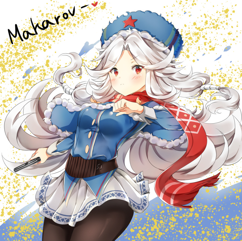 &gt;:( 1girl bangs black_legwear blue_capelet blue_hat blue_jacket blush capelet character_name closed_mouth commentary eyebrows_visible_through_hair fringe fur-trimmed_capelet fur_hat fur_trim girls_frontline gun handgun hat heart holding holding_gun holding_weapon jacket long_hair long_sleeves makarov_(girls_frontline) makarov_pm melynx_(user_aot2846) object_namesake pantyhose parted_bangs pleated_skirt red_eyes red_scarf scarf silver_hair skirt solo v-shaped_eyebrows very_long_hair weapon white_skirt