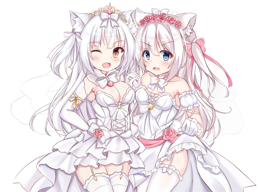 2girls ;d absurdres animal_ears azur_lane bangs blue_eyes bow breasts brown_eyes cat_ears choker cleavage detached_collar detached_sleeves dress elbow_gloves eyebrows_visible_through_hair fang flower garter_straps gloves hair_between_eyes hair_bow hair_flower hair_ornament hammann_(azur_lane) hand_holding hand_up heart highres huge_filesize interlocked_fingers kurashina_yuzuki long_hair looking_at_viewer medium_breasts multiple_girls one_eye_closed one_side_up open_mouth pink_bow pink_flower pink_rose puffy_short_sleeves puffy_sleeves railing red_ribbon ribbon rose see-through short_sleeves silver_hair simple_background skirt_hold small_breasts smile standing strapless strapless_dress thigh-highs tiara veil very_long_hair white_background white_choker white_dress white_gloves white_legwear yellow_ribbon yukikaze_(azur_lane)
