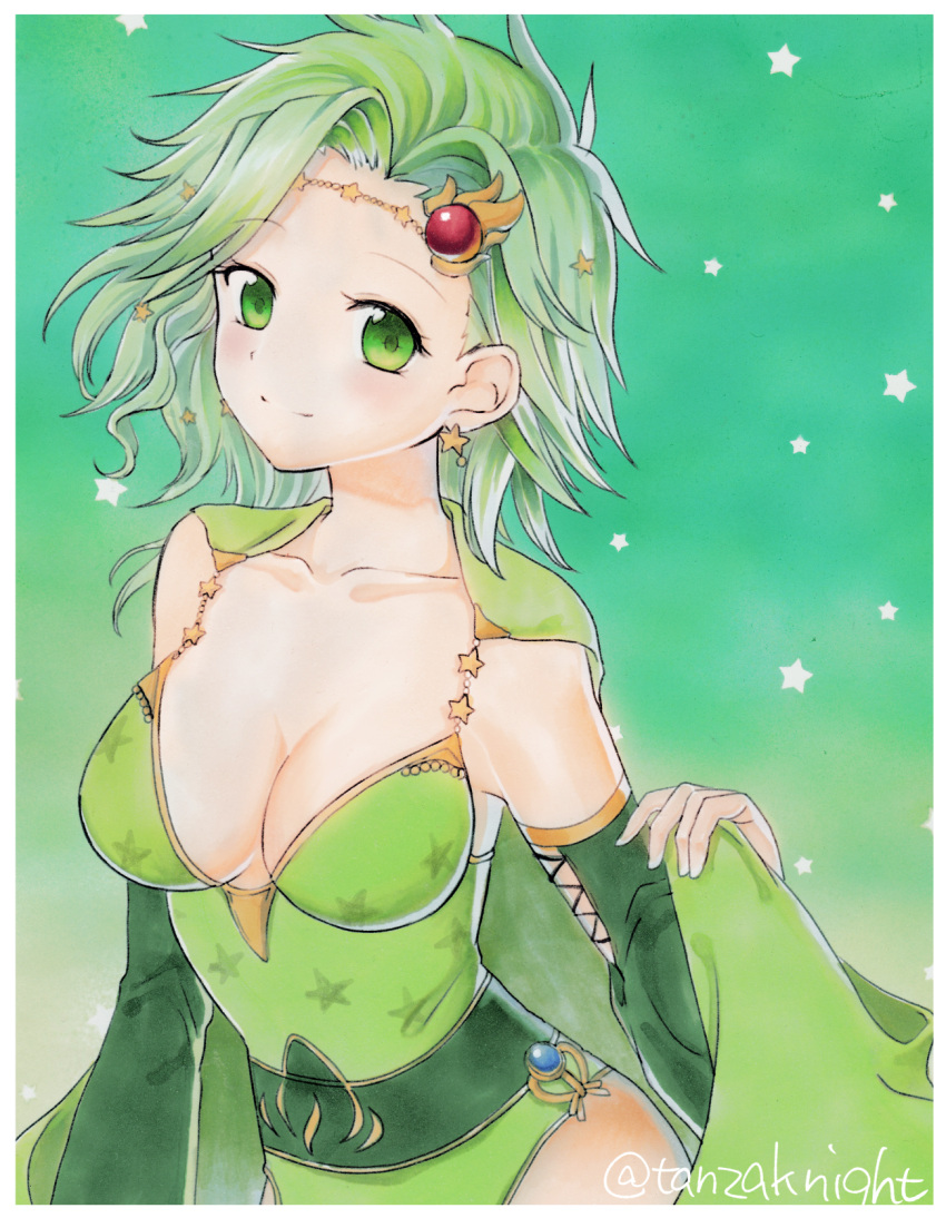 1girl border breasts cape circlet cleavage closed_mouth collarbone detached_sleeves earrings eyebrows_visible_through_hair final_fantasy final_fantasy_iv green green_cape green_eyes green_hair green_leotard hair_intakes hair_ornament highres jewelry leotard long_sleeves marker_(medium) medium_breasts medium_hair rydia smile solo star star_earrings star_hair_ornament star_print starry_background tanzaku_kishi traditional_media twitter_username white_border