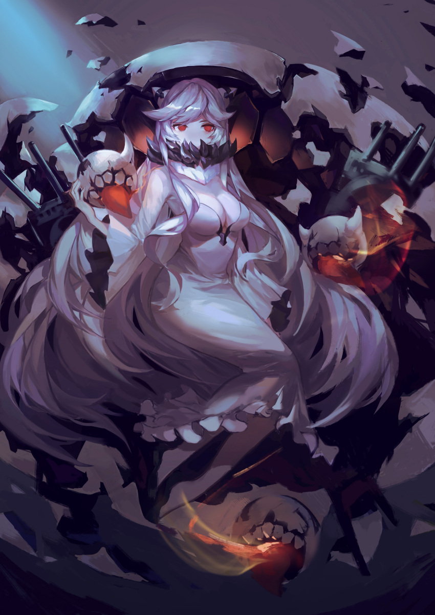 1girl absurdres breasts cleavage dress full_body highres kantai_collection long_dress long_hair looking_at_viewer medium_breasts midway_hime pale_skin red_eyes shinkaisei-kan solo turret very_long_hair weapon white_dress white_hair yan_ge