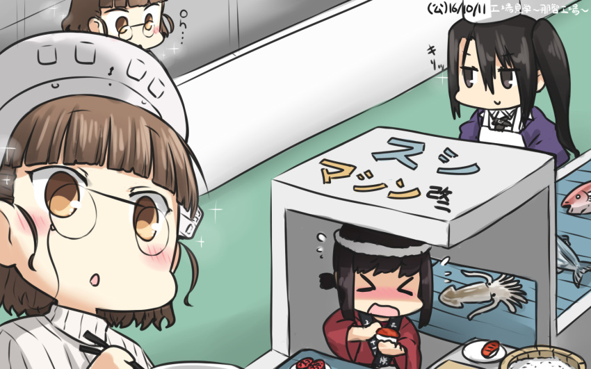 &gt;_&lt; 3girls apron black_hair blush brown_hair chef_hat chopsticks closed_eyes commentary_request conveyor_belt dated fish flat_top_chef_hat flying_sweatdrops food fubuki_(kantai_collection) glasses hamu_koutarou happi hat headdress highres japanese_clothes kantai_collection long_hair multiple_girls nachi_(kantai_collection) open_mouth pince-nez remodel_(kantai_collection) roma_(kantai_collection) sparkle squid sushi