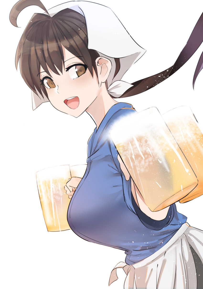 :d ahoge alcohol apron beer_mug breasts brown_eyes brown_hair cup from_side headdress highres holding holding_cup isekai_izakaya_"nobu" japanese_clothes large_breasts long_hair looking_at_viewer norman_maggot open_mouth ponytail senke_shinobu short_sleeves smile waist_apron waitress walking