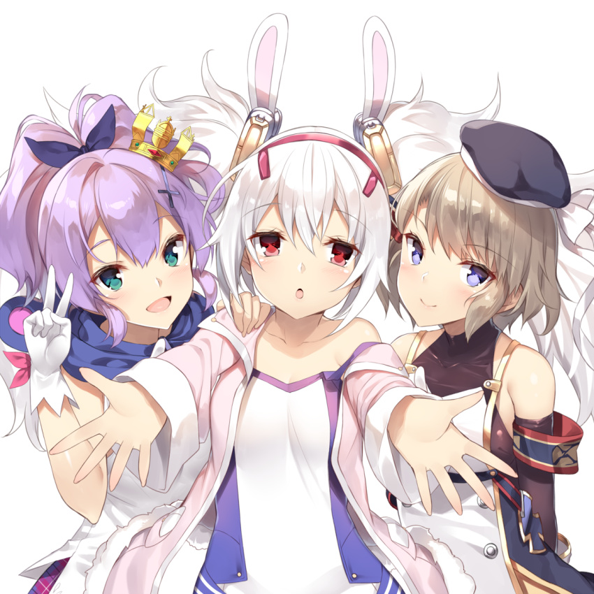 3girls :d :o animal_ears armband azur_lane bangs bare_shoulders beret black_hat blue_eyes blush breasts brown_hair camisole closed_mouth collarbone commentary_request crown detached_sleeves dress eyebrows_visible_through_hair girl_sandwich gloves green_eyes hair_between_eyes hair_ornament hair_ribbon hairband hands_up hat highres jacket javelin_(azur_lane) laffey_(azur_lane) long_hair long_sleeves mini_crown multiple_girls open_mouth outstretched_arms parted_lips pink_jacket plaid plaid_skirt purple_hair purple_ribbon purple_skirt rabbit_ears red_eyes red_hairband ribbon sandwiched silver_hair simple_background single_glove skirt sleeveless sleeveless_dress sleeves_past_wrists small_breasts smile twintails v very_long_hair white_background white_camisole white_dress white_gloves yappen z23_(azur_lane)