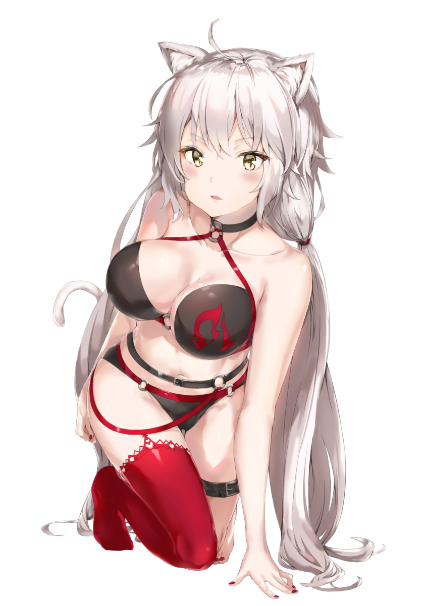 1girl ahoge all_fours animal_ears bikini black_bikini blush breasts cat_ears cat_tail cleavage commentary_request fate/grand_order fate_(series) fingernails highres jeanne_d'arc_(alter_swimsuit_berserker) jeanne_d'arc_(fate)_(all) large_breasts long_hair looking_at_viewer nail_polish navel o-ring parted_lips pixel_(yuxian) red_legwear red_nails simple_background single_thighhigh solo swimsuit tail thigh-highs thigh_strap twintails very_long_hair white_background yellow_eyes