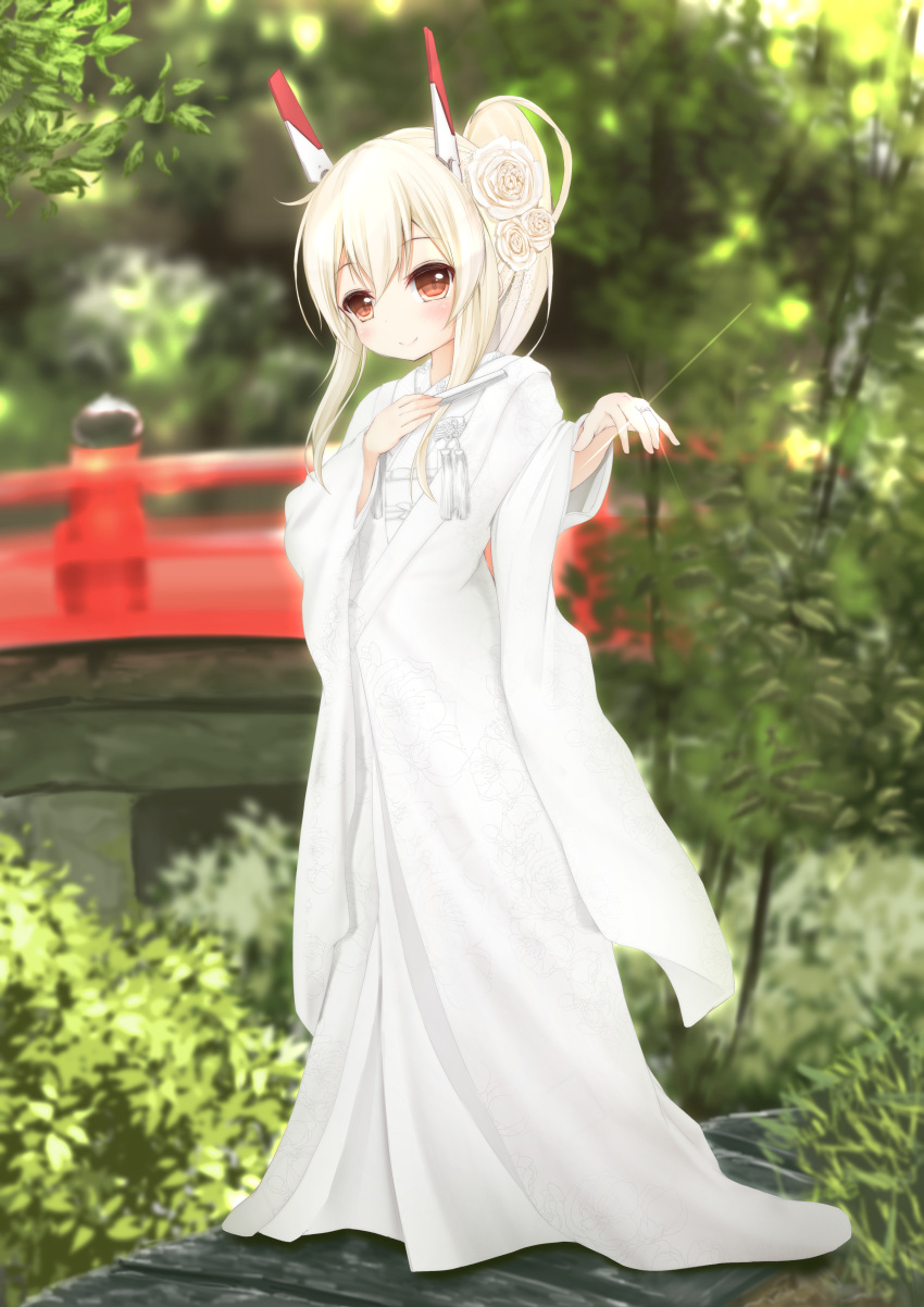 1girl absurdres ayanami_(azur_lane) azur_lane bangs blurry blurry_background blush bridge brown_eyes closed_fan closed_mouth commentary_request day depth_of_field eyebrows_visible_through_hair fan flower folding_fan full_body glint hair_between_eyes hair_flower hair_ornament hand_up head_tilt headgear high_ponytail highres holding holding_fan japanese_clothes jewelry kimono long_hair long_sleeves looking_at_viewer maru_shion outdoors ponytail ring rose sidelocks smile solo standing uchikake wedding_band white_flower white_kimono white_rose wide_sleeves