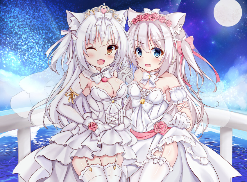 2girls ;d absurdres animal_ears azur_lane bangs blue_eyes bow breasts brown_eyes cat_ears choker cleavage commentary_request detached_collar detached_sleeves dress elbow_gloves eyebrows_visible_through_hair fang flower full_moon garter_straps gloves hair_between_eyes hair_bow hair_flower hair_ornament hammann_(azur_lane) hand_holding hand_up heart highres huge_filesize interlocked_fingers kurashina_yuzuki long_hair looking_at_viewer medium_breasts moon multiple_girls night night_sky one_eye_closed one_side_up open_mouth pink_bow pink_flower pink_rose puffy_short_sleeves puffy_sleeves railing red_ribbon ribbon rose see-through short_sleeves silver_hair skirt_hold sky small_breasts smile standing star_(sky) starry_sky strapless strapless_dress thigh-highs tiara veil very_long_hair water white_choker white_dress white_gloves white_legwear yellow_ribbon yukikaze_(azur_lane)