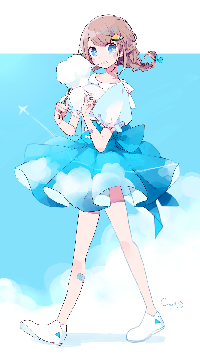 +_+ 1girl absurdres aircraft airplane artist_name bandaid_on_arm bandaid_on_leg blue blue_background blue_eyes blue_skirt blush_stickers braid brown_hair chon_(chon33v) cloud_print clouds cotton_candy crown_braid eating food_themed_hair_ornament hair_ornament highres looking_at_viewer original puffy_short_sleeves puffy_sleeves shoes short_sleeves skirt standing walking watermelon_hair_ornament white_footwear