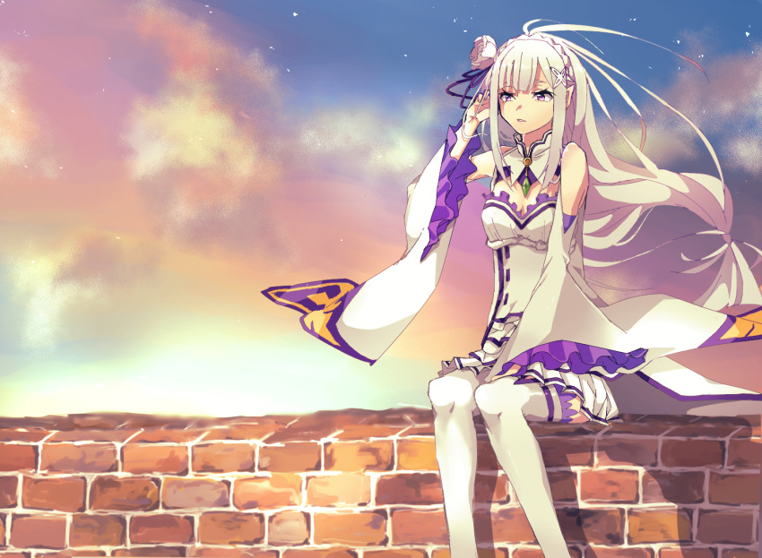 1girl bangs bare_shoulders bazico braid breasts crown_braid detached_sleeves elf emilia_(re:zero) flower french_braid frilled_sleeves frills gem hair_flower hair_ornament hair_ribbon long_hair medium_breasts pointy_ears purple_ribbon re:zero_kara_hajimeru_isekai_seikatsu ribbon silver_hair solo violet_eyes white_flower white_legwear wide_sleeves x_hair_ornament