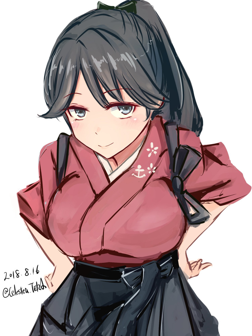 1girl alternate_breast_size anchor_symbol bangs black_hair blue_eyes blush breasts celestea_tera commentary_request dated eyebrows_visible_through_hair floral_print green_ribbon hair_ribbon hakama hands_on_hips highres houshou_(kantai_collection) japanese_clothes kantai_collection kimono large_breasts long_hair looking_at_viewer pink_kimono ponytail ribbon simple_background sketch smile solo swept_bangs tasuki twitter_username white_background