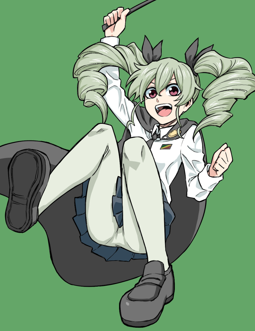 1girl anchovy anzio_school_uniform black_cape black_legwear black_neckwear blue_skirt bow cape clenched_hand drill_hair girls_und_panzer green_background green_hair hair_bow highres loafers looking_at_viewer looking_down necktie open_mouth pantyhose pantylines pleated_skirt red_eyes riding_crop shirt shoes simple_background skirt smile solo tuskryo twin_drills twintails upper_teeth upskirt white_shirt