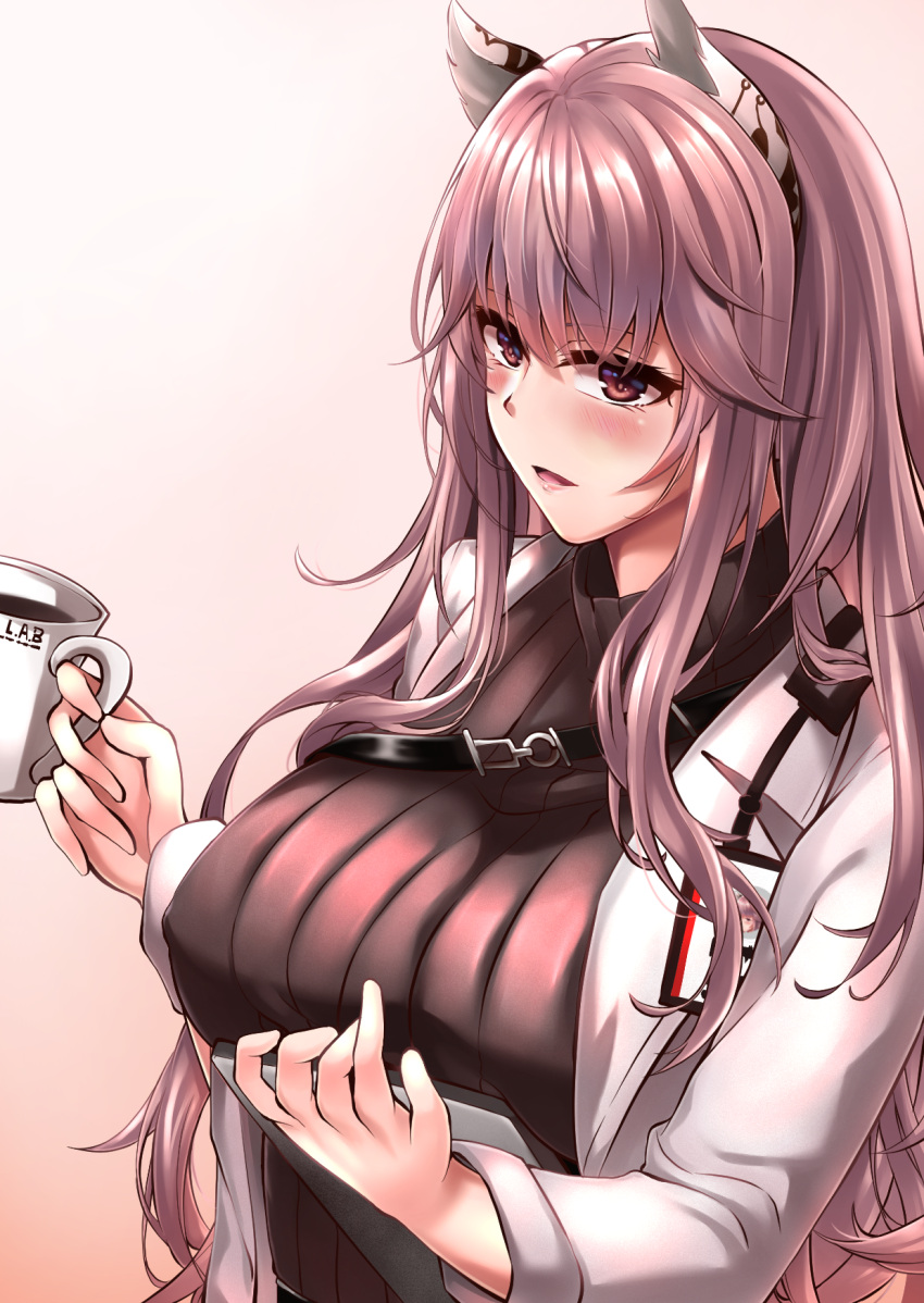 1girl animal_ear_fluff animal_ears bangs blush breasts brown_sweater_vest coffee_cup cup disposable_cup eyebrows_visible_through_hair girls_frontline highres holding holding_cup holding_notepad id_card large_breasts lips long_hair looking_at_viewer notepad open_clothes open_mouth open_robe persica_(girls'_frontline) pink_eyes pink_hair robe simple_background solo sweater_vest upper_body white_robe xlscaler