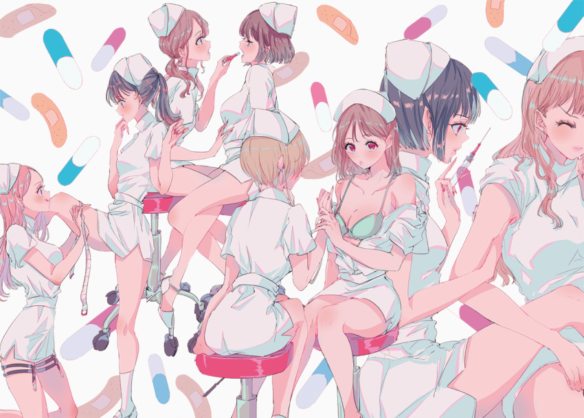 1girl 6+girls :q aqua_bra bandaid bangs black_hair blush bra breasts brown_hair cleavage clenched_hand closed_eyes clothes_down collarbone commentary_request dress hand_on_another's_stomach hand_to_own_mouth hands_up hat high_heels holding_arm holding_hand kneeling leg_lift leg_strap light_brown_hair long_hair measuring multiple_girls nail_polish najuco_(naju0517) nurse nurse_cap open_mouth original pill pinky_out red_eyes red_nails short_dress short_hair short_sleeves side_slit sitting socks swivel_chair syringe tape_measure thermometer tongue tongue_out twintails underwear v-shaped_eyebrows white_dress white_legwear wince yuri