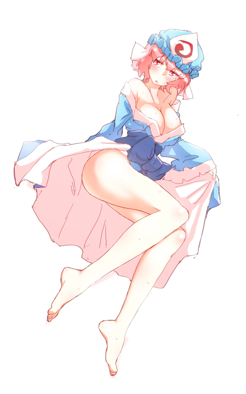 1girl bare_legs barefoot blush breasts cleavage clothes_lift collarbone dress dress_lift feet hat highres japanese_clothes kimono kimono_lift large_breasts looking_to_the_side mob_cap no_bra no_panties non_(z-art) off_shoulder open_mouth pink_eyes pink_hair saigyouji_yuyuko short_hair simple_background thighs touhou white_background