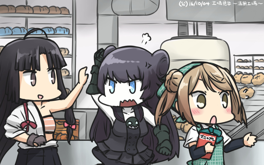 3girls anger_vein apron arm_warmers black_hair blush bow commentary_request dated double_bun doughnut factory food gloves hadanugi_dousa hair_ribbon hamu_koutarou head_scarf highres japanese_clothes kantai_collection light_brown_hair light_cruiser_oni long_hair michishio_(kantai_collection) multiple_girls open_mouth partly_fingerless_gloves ribbon school_uniform shinkaisei-kan short_twintails shouhou_(kantai_collection) tress_ribbon twintails yugake