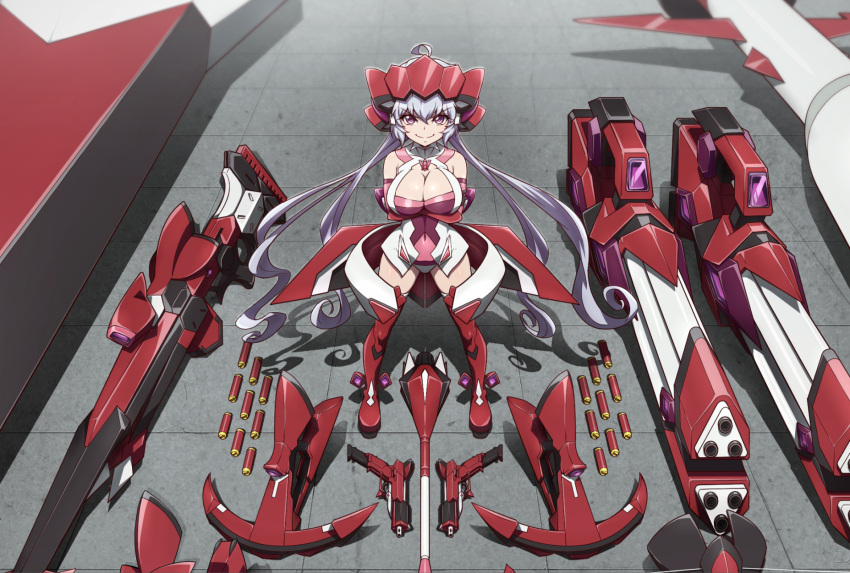 &gt;:) 1girl arrow bodysuit boots bow_(weapon) breast_hold breasts cleavage covered_navel crossbow crossed_arms from_above full_body gatling_gun gun headgear highres huge_weapon large_breasts lavender_hair long_hair machine_pistol missile rifle rocket senki_zesshou_symphogear smirk sniper_rifle thigh-highs thigh_boots uganda v-shaped_eyebrows very_long_hair violet_eyes weapon yukine_chris