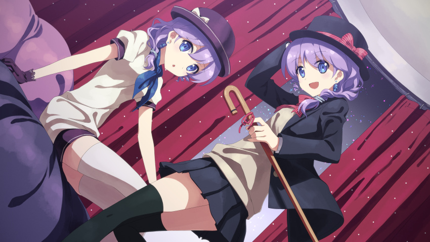 2girls :d :o absurdres black_legwear blazer blue_eyes cane coat curtains dj_max earrings gloves hand_on_headwear hat highres jacket jewelry ladymade_star looking_at_viewer looking_back multiple_girls open_mouth purple_hair scan school_uniform siblings side_ponytail sisters skirt smile thigh-highs twins white_legwear yuuki_tatsuya zettai_ryouiki