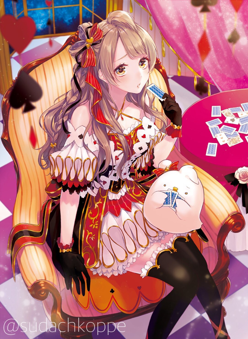 1girl ahoge bangs bare_shoulders black_gloves black_legwear black_ribbon bow braid brown_hair card dress frilled_gloves frills from_above gloves hair_ornament hair_ribbon heart heart_hair_ornament highres holding holding_card indoors knees_together_feet_apart long_hair looking_at_viewer love_live! love_live!_school_idol_project lying_card minami_kotori one_side_up parted_lips playing_card playing_card_theme red_ribbon ribbon sitting solo sudach_koppe thigh-highs twitter_username wavy_hair yellow_eyes