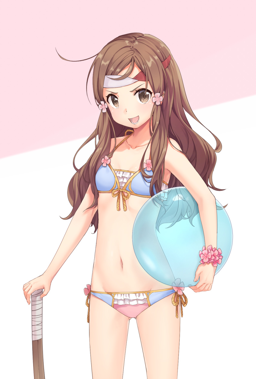 1girl :d ass_visible_through_thighs ball bangs bare_arms bare_shoulders beachball bikini blue_bikini breasts brown_eyes brown_hair carrying_under_arm collarbone fire_emblem fire_emblem_if flower flower_bracelet frilled_bikini frills groin hair_flower hair_ornament hand_on_hilt headband highres kazahana_(fire_emblem_if) long_hair navel open_mouth pink_flower side-tie_bikini small_breasts smile solo swimsuit sword transistor transparent v-shaped_eyebrows weapon white_background wooden_sword