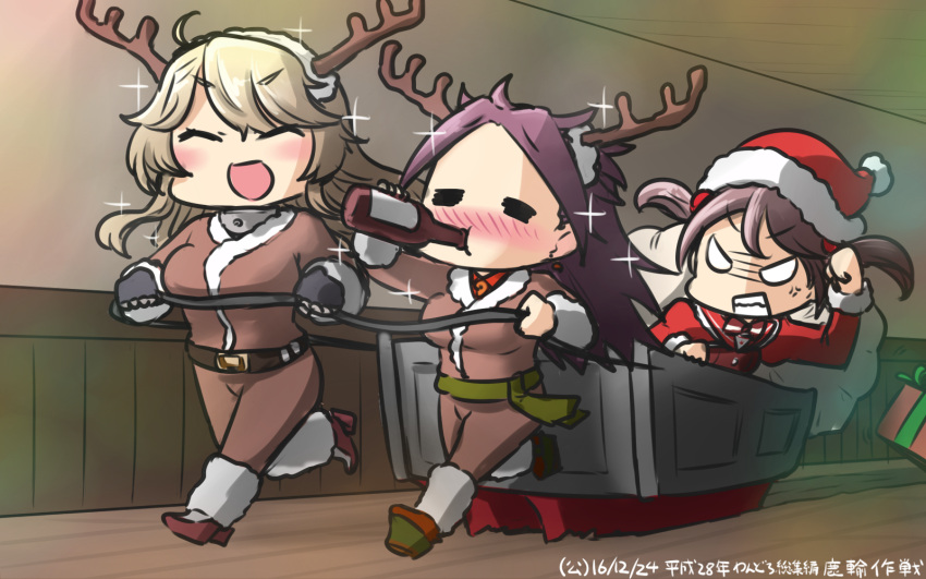 3girls anger_vein animal_costume antlers blush bottle brown_hair commentary_request dated drinking drunk gift gloves hamu_koutarou hat highres iowa_(kantai_collection) jun'you_(kantai_collection) kantai_collection long_hair multiple_girls purple_hair reindeer_antlers reindeer_costume sack sake_bottle santa_costume santa_hat sazanami_(kantai_collection) sparkle