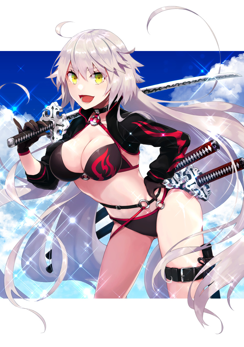 1girl :d absurdres bikini black_bikini black_gloves black_jacket black_neckwear choker contrapposto cowboy_shot cropped_jacket fate/grand_order fate_(series) gloves green_eyes hand_on_hip highres jacket jeanne_d'arc_(alter_swimsuit_berserker) jeanne_d'arc_(fate)_(all) katana long_hair o-ring open_mouth over_shoulder scabbard sheath smile solo sparkle swimsuit sword sword_over_shoulder tia_(cocorosso) weapon weapon_over_shoulder white_hair