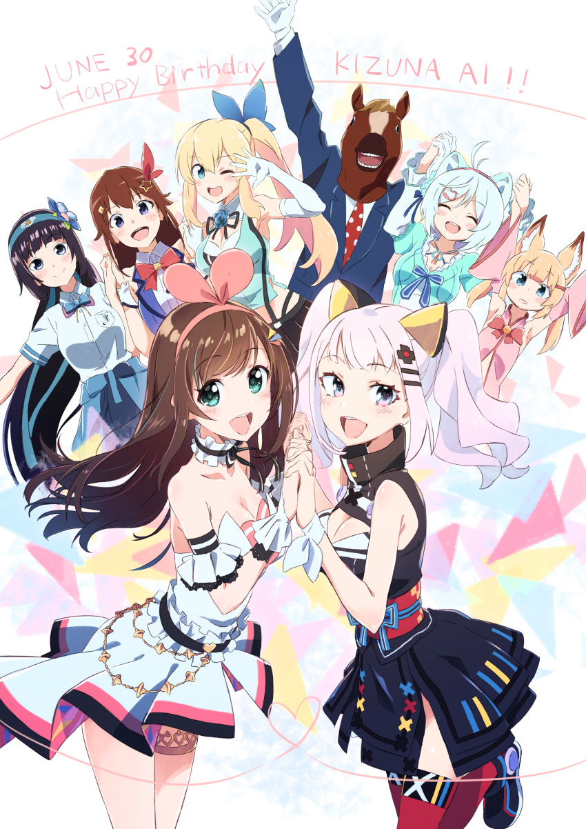 1boy 6+girls :d a.i._channel absurdres aoi_ch. black_hair black_neckwear black_ribbon blue_eyes blue_jacket blue_neckwear bow bowtie breasts brown_hair character_request cleavage closed_eyes commentary_request d-pad d-pad_hair_ornament dated dennou_shoujo_youtuber_shiro flower fuji_aoi gloves green_eyes hair_bow hair_flower hair_ornament hairband hand_holding hand_over_eye hands_up happy_birthday highres horse_mask interlocked_fingers jacket kaguya_luna kaguya_luna_(character) kemomimi_oukoku_kokuei_housou kizuna_ai long_hair long_sleeves looking_at_viewer medium_breasts mikoko_(kemomimi_oukoku_kokuei_housou) mirai_akari mirai_akari_project multiple_girls neck_ribbon necktie obi one_eye_closed open_mouth pink_bow red_legwear red_neckwear ribbon sash shiro_(dennou_shoujo_youtuber_shiro) shirt shoes skirt smile standing standing_on_one_leg tama_(tama-s) thigh-highs tokino_sora tokino_sora_channel twintails virtual_youtuber white_gloves white_hair white_shirt wide_sleeves