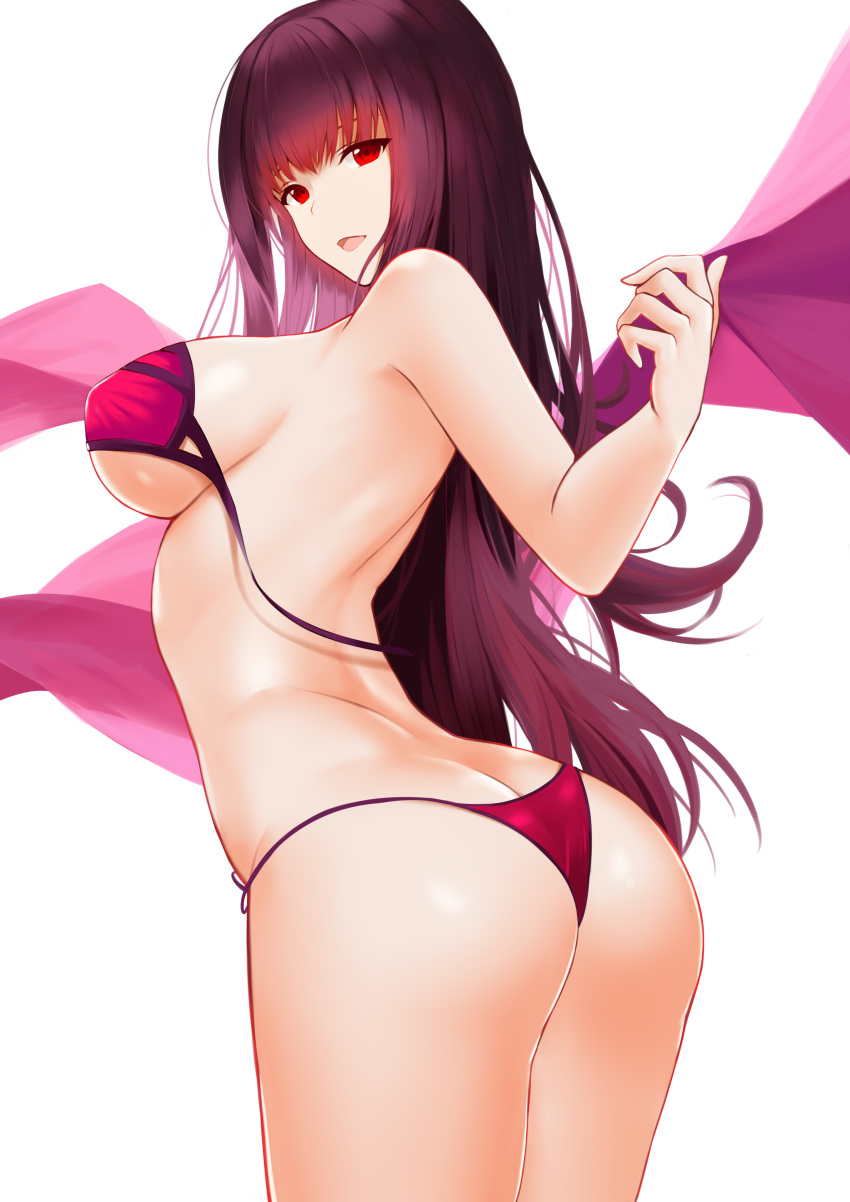 1girl absurdres ass bangs bare_arms bare_shoulders beach bikini breasts butt_crack collarbone cowboy_shot fate/grand_order fate_(series) from_behind hair_intakes hands_up higandgk highres large_breasts legs_together long_hair looking_at_viewer looking_back purple_bikini purple_hair purple_sarong red_eyes sarong scathach_(fate)_(all) scathach_(fate/grand_order) scathach_(swimsuit_assassin)_(fate) side-tie_bikini sideboob sidelocks simple_background smile solo standing string_bikini swimsuit sword thighs twisted_neck under_boob untied untied_bikini very_long_hair weapon white_background