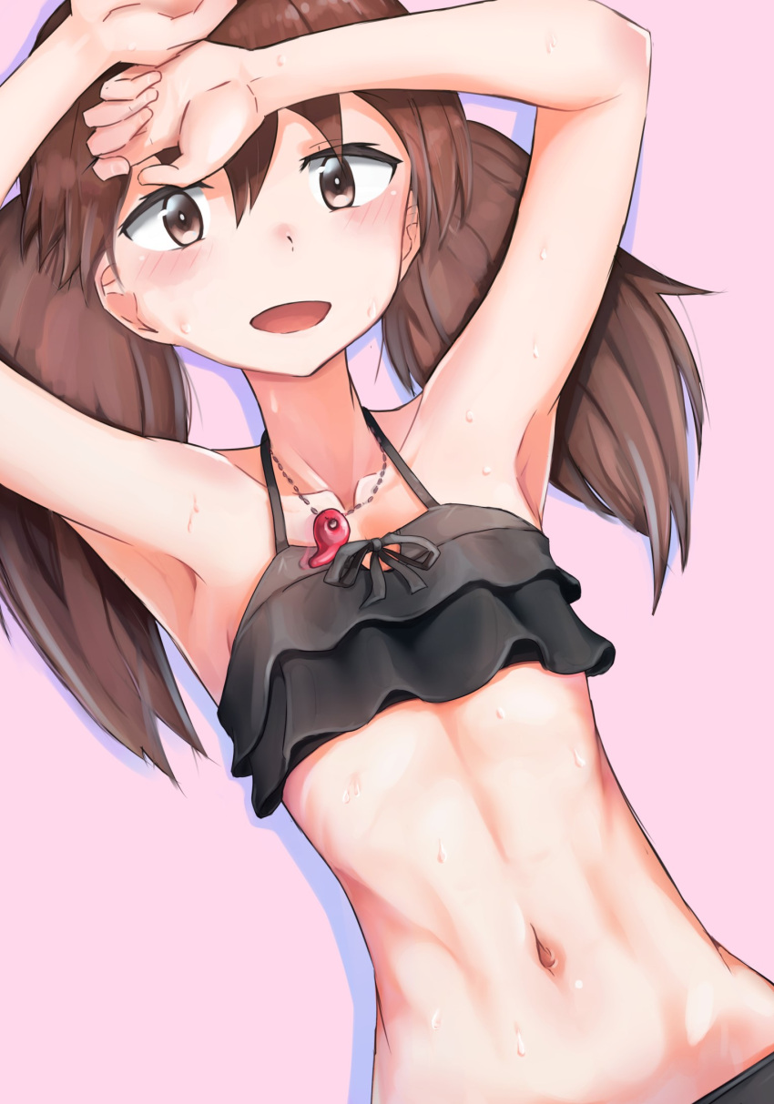 1girl abs armpits bikini black_bikini blush brown_hair commentary_request cowboy_shot flat_chest hands_above_head highres kabayaki_namazu kantai_collection lying magatama midriff navel on_back open_mouth ryuujou_(kantai_collection) simple_background solo swimsuit twintails wet