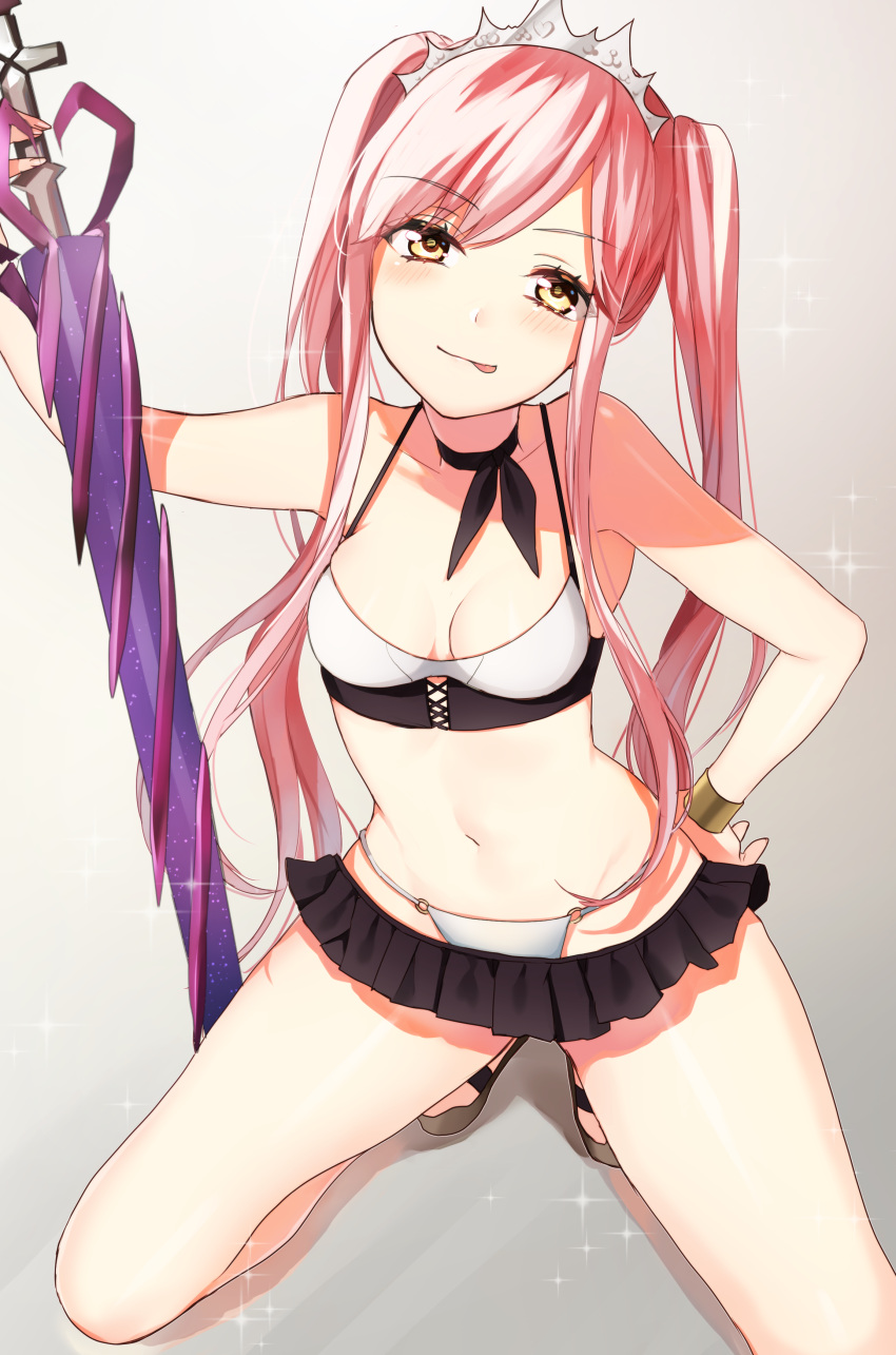 1girl :p absurdres arm_up bare_arms bare_shoulders bikini black_choker black_skirt blush breasts brown_eyes choker closed_mouth collarbone commentary_request derori fate/grand_order fate_(series) head_tilt highres holding long_hair looking_at_viewer medb_(fate/grand_order) medb_(swimsuit_saber)_(fate) medium_breasts microskirt navel o-ring o-ring_bikini o-ring_bottom pink_hair pleated_skirt sandals skirt smile solo sparkle squatting swimsuit tiara tongue tongue_out twintails very_long_hair white_bikini