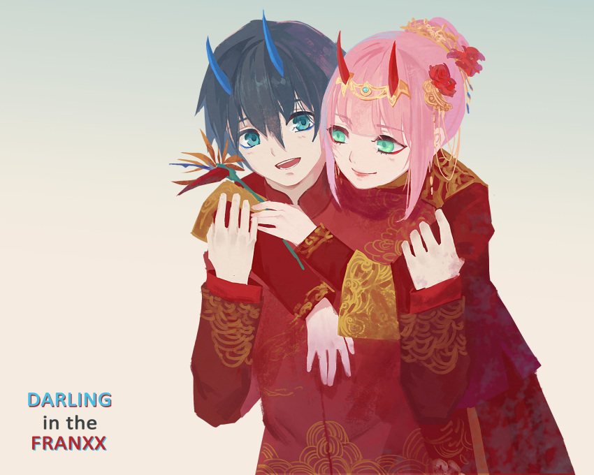 1boy 1girl alternate_costume alternate_hairstyle arm_around_neck bangs black_hair blue_eyes blue_horns blush chinese chinese_clothes chinese_commentary chu_dengdeng commentary_request copyright_name couple darling_in_the_franxx eyebrows_visible_through_hair flower green_eyes hair_flower hair_ornament hand_on_another's_arm hand_on_another's_chest hetero highres hiro_(darling_in_the_franxx) holding holding_arm horns hug hug_from_behind jewelry long_sleeves looking_at_another oni_horns pink_hair purple red_flower red_horns short_hair tanabata tiara zero_two_(darling_in_the_franxx)