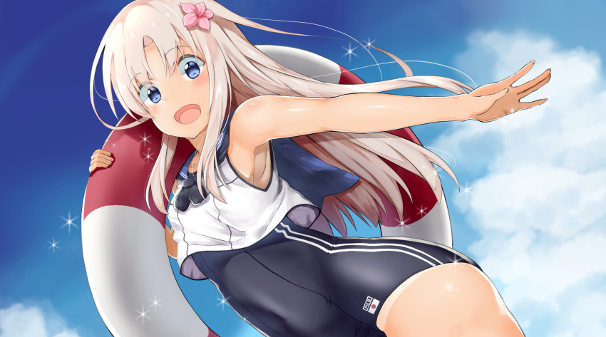 1girl armpits blue_eyes blue_sky clouds commentary_request covered_navel day eyebrows_visible_through_hair flower hair_flower hair_ornament hcci_pcci highres kantai_collection long_hair looking_at_viewer one-piece_swimsuit open_mouth outstretched_arm ro-500_(kantai_collection) silver_hair sky solo swimsuit tan tanline