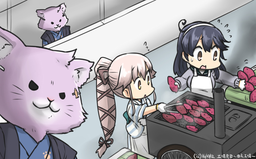 2girls ahoge animalization apron black_hair brown_eyes cat commentary_request conveyor_belt dated flying_sweatdrops food gloves hachimaki hair_ribbon hamu_koutarou headband highres japanese_clothes kantai_collection kimono long_hair multiple_girls pink_hair ponytail ribbon school_uniform serafuku sweater sweet_potato tama_(kantai_collection) ushio_(kantai_collection) very_long_hair yakiimo yura_(kantai_collection)