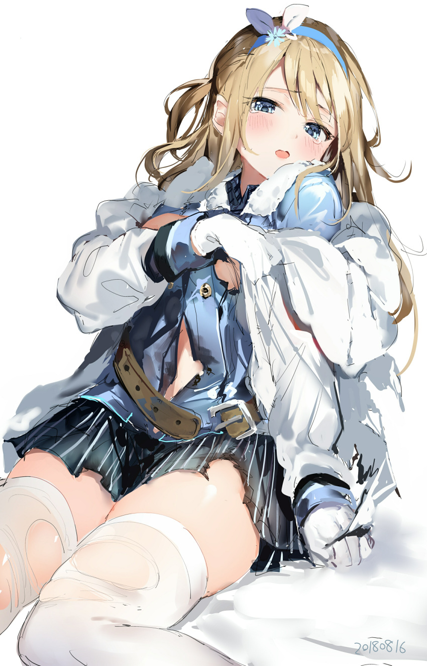 1girl absurdres bangs belt blonde_hair blue_eyes blush coat commentary_request dated eyebrows_visible_through_hair fur_trim girls_frontline gloves hairband half-closed_eyes highres long_hair looking_at_viewer miniskirt open_mouth sidelocks sitting skirt solo suomi_kp31_(girls_frontline) tears thigh-highs thighs torn_clothes torn_skirt torn_thighhighs two_side_up umibouzu_(niito) uniform white_gloves