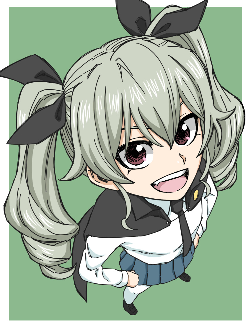 1girl anchovy anzio_school_uniform black_cape black_footwear black_neckwear blue_skirt bow brown_eyes cape drill_hair fang foreshortening from_above girls_und_panzer green_background green_hair hair_bow hands_on_hips highres loafers looking_at_viewer looking_up necktie open_mouth perspective shoes simple_background skirt smile solo tongue tuskryo twin_drills twintails upper_teeth