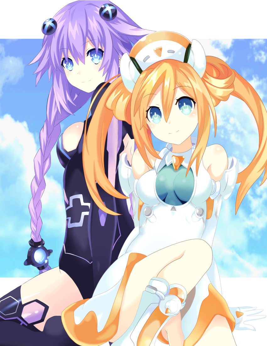 2girls absurdres blue_eyes blush boots braid breasts cleavage elbow_gloves eyebrows_visible_through_hair gloves hair_between_eyes hair_ornament highres leotard long_hair looking_at_viewer medium_breasts multiple_girls neptune_(series) orange_hair orange_heart outstretched_arms page_number power_symbol purple_hair purple_heart ramu-on@_shinon shin_jigen_game_neptune_vii sitting smile symbol-shaped_pupils twin_braids twintails very_long_hair white_gloves