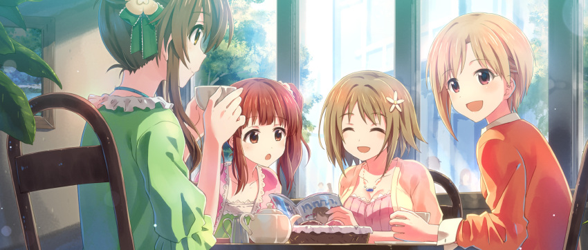4girls aiba_yumi blonde_hair blush breasts brown_eyes brown_hair chair cleavage closed_mouth collarbone eyebrows_visible_through_hair facing_another flower hair_flower hair_ornament highres idolmaster idolmaster_cinderella_girls indoors jewelry large_breasts looking_at_another mimura_kanako multiple_girls necklace ogata_chieri open_mouth plate scrunchie short_hair short_ponytail side_ponytail sitting smile table takamori_aiko teapot yuuki_tatsuya