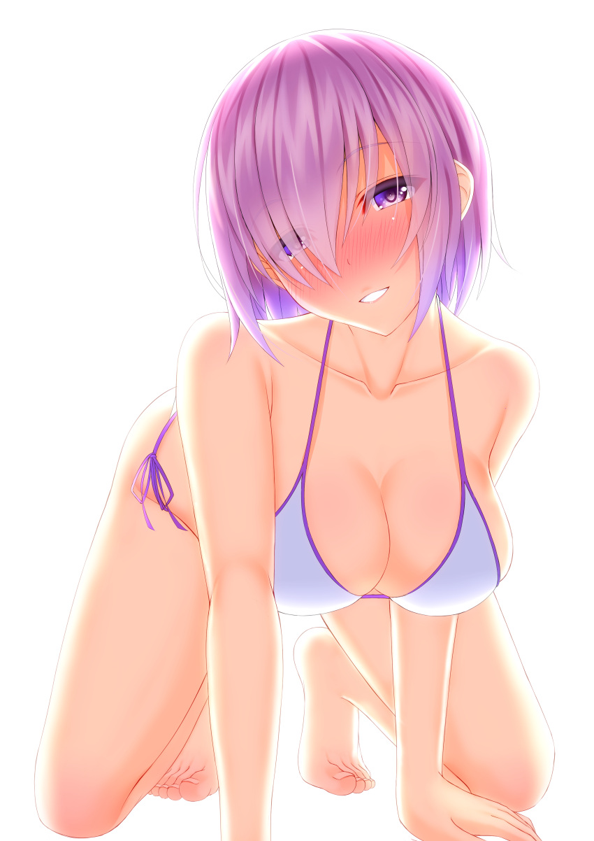 1girl absurdres all_fours bare_shoulders barefoot bikini blush breasts cleavage collarbone fate/grand_order fate_(series) hair_over_one_eye highres large_breasts lavender_hair looking_at_viewer mash_kyrielight shirouzu_myuuta short_hair simple_background smile solo swimsuit thighs violet_eyes white_background white_bikini