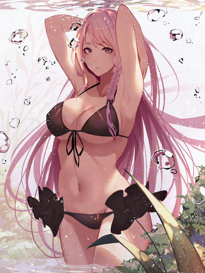 1girl air_bubble armpits arms_behind_back arms_up bare_arms bare_shoulders bikini black_bikini black_ribbon blush braid breasts bubble cleavage collarbone commentary cowboy_shot fantasy frilled_bikini_bottom frills front-tie_bikini front-tie_top highres kisui_(user_wswf3235) large_breasts long_hair looking_at_viewer navel original parted_lips pink_eyes pink_hair ribbon rock smile solo straight_hair string_bikini submerged surreal swimsuit thighs under_boob very_long_hair wading water