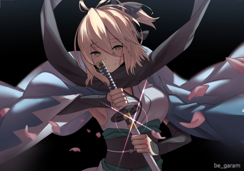 1girl artist_name be_garam black_background black_bow blonde_hair bow cherry_blossoms eyebrows_visible_through_hair fate/grand_order fate_(series) hair_between_eyes hair_bow haori holding holding_sheath holding_sword holding_weapon japanese_clothes katana kimono looking_at_viewer obi okita_souji_(fate) okita_souji_(fate)_(all) one_side_up sash sheath short_hair sleeveless sleeveless_kimono smile solo sword unsheathing upper_body weapon yellow_eyes