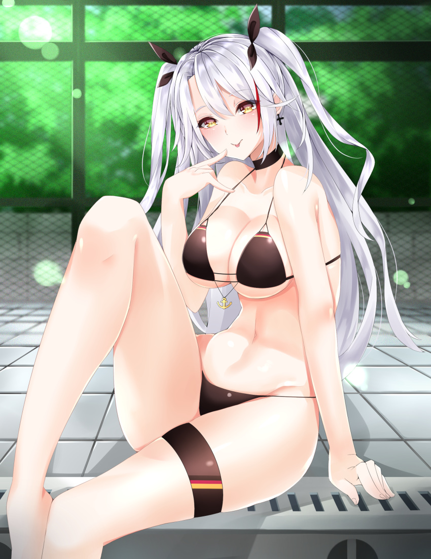 1girl :q absurdres alternate_costume anchor_symbol antenna_hair arm_support azur_lane bangs barefoot bikini black_bikini black_ribbon blurry blurry_background blush breasts brown_eyes choker cleavage cross cross_earrings day earrings eyebrows_visible_through_hair fence flag_print german_flag_bikini hair_between_eyes hair_ribbon head_tilt highres iron_cross jewelry knee_up large_breasts long_hair looking_at_viewer mole mole_on_breast multicolored_hair navel outdoors poolside prinz_eugen_(azur_lane) redhead ribbon sidelocks silver_hair sitting skindentation smile solo stomach streaked_hair surota swimsuit thigh_strap thighs tongue tongue_out two_side_up very_long_hair