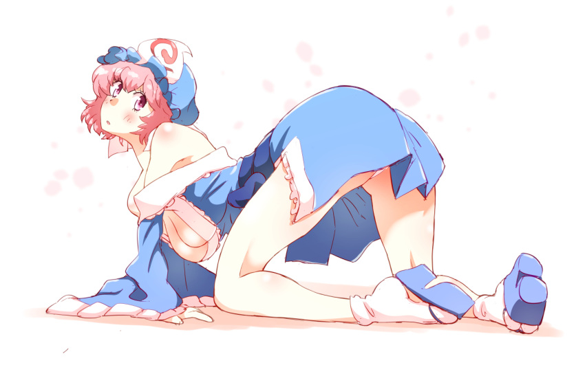 1girl all_fours ass bare_shoulders blush breasts cleavage geta hat japanese_clothes kimono large_breasts looking_at_viewer mob_cap non_(z-art) obi off_shoulder open_mouth panties pantyshot pink_eyes pink_hair saigyouji_yuyuko sash short_hair simple_background socks solo touhou triangular_headpiece underwear white_background white_panties wide_sleeves
