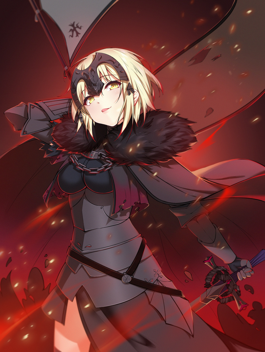 1girl absurdres armor armored_dress banner black_cape black_dress blonde_hair cape cowboy_shot dress eyebrows_visible_through_hair fate/grand_order fate_(series) fur_trim gauntlets head_tilt highres holding holding_sword holding_weapon huge_filesize jeanne_d'arc_(alter)_(fate) jeanne_d'arc_(fate)_(all) looking_at_viewer qingchen_(694757286) short_hair solo standing sword weapon yellow_eyes