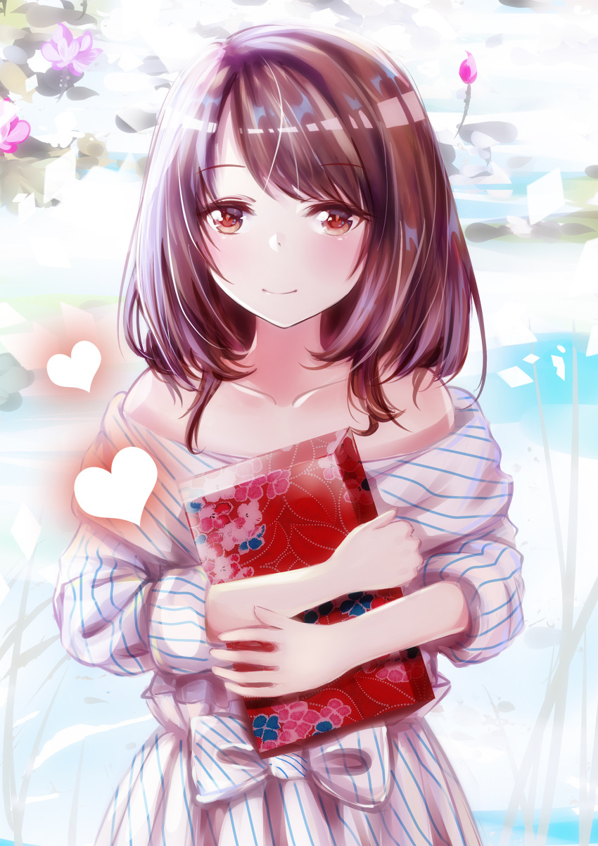 1girl bangs bare_shoulders blush brown_hair closed_mouth collarbone commentary_request dress eyebrows_visible_through_hair flower heart highres long_hair long_sleeves looking_at_viewer mutang object_hug off-shoulder_dress off_shoulder original pink_flower red_eyes smile solo striped striped_dress white_dress