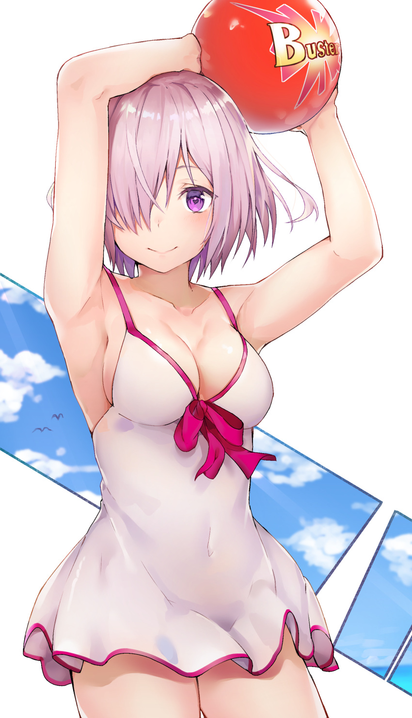 1girl absurdres arms_up ball bangs bare_shoulders beachball bird black_cola blue_sky blush breasts cleavage closed_mouth clouds collarbone commentary_request covered_navel day dress dress_swimsuit fate/grand_order fate_(series) hair_over_one_eye heart heart-shaped_pupils highres holding holding_ball large_breasts looking_at_viewer mash_kyrielight purple_hair short_hair sky smile solo swimsuit_of_perpetual_summer symbol-shaped_pupils violet_eyes white_background white_dress