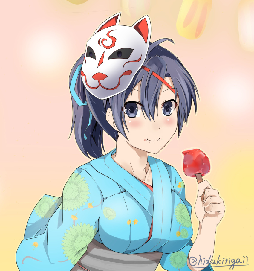 1girl absurdres blue_eyes blue_hair blue_kimono blush breasts fir fire_emblem fire_emblem:_fuuin_no_tsurugi fire_emblem_heroes floral_print food hidukitigaii highres japanese_clothes kimono looking_at_viewer mask mask_on_head multicolored multicolored_background ponytail popsicle solo twitter_username upper_body yukata