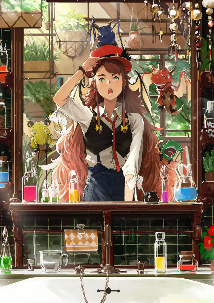 1girl :o adjusting_clothes adjusting_hat bangs black_vest blue_pants bow brown_hair cactus collared_shirt commentary_request cropped_vest cup dragon dragon_on_head dragon_wings earrings eyeballs fantasy faucet female_pov flower green_eyes hair_bow hanging_plant hat highres indoors jar jewelry looking_at_viewer mirror mug original pants pixiv plant potted_plant pov red_hat reflection ribbon shirt sidelocks solo somehira_katsu suspenders thick_eyebrows tied_sleeves toothbrush upper_teeth v-shaped_eyebrows vest vial watch white_shirt window wings yellow_bow