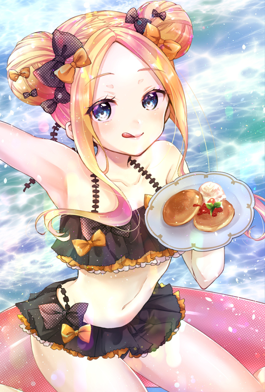 1girl :q abigail_williams_(fate/grand_order) absurdres alternate_hairstyle arm_up armpits arurun_mm bangs bare_arms bare_shoulders bikini black_bikini black_bow blonde_hair blue_eyes blush bow closed_mouth collarbone commentary_request day double_bun eyebrows_visible_through_hair fate/grand_order fate_(series) food forehead frilled_bikini frills hair_bow highres hips innertube licking_lips long_hair looking_at_viewer miniskirt navel orange_bow outdoors pancake parted_bangs pink_innertube plate polka_dot polka_dot_bow polka_dot_innertube skirt smile solo sparkle swimsuit tongue tongue_out waist water