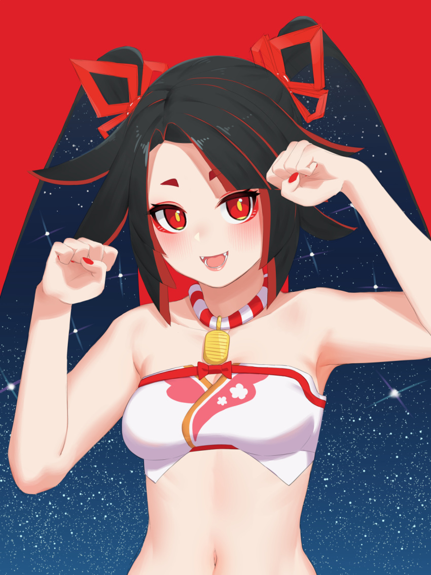1girl :d abstract armpits bare_arms bare_shoulders beltbra black_hair blush breasts bright_pupils clenched_hands copyright_request eyeshadow fangs fingernails hands_up highres jewelry long_hair looking_at_viewer makeup medium_breasts multicolored_hair nail_polish navel necklace nezuko open_mouth red_background red_eyes red_nails silhouette simple_background smile solo star starry_background starry_sky_print streaked_hair twintails upper_body very_long_hair yellow_pupils