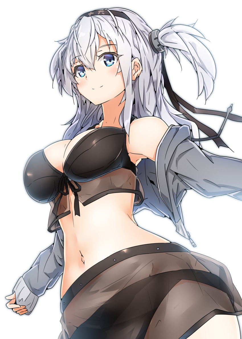 1girl bikini blue_eyes breasts commentary_request hair_ornament harukawa_(hal501) headband highres jacket kantai_collection large_breasts long_hair navel silver_hair simple_background solo suzutsuki_(kantai_collection) swimsuit white_background